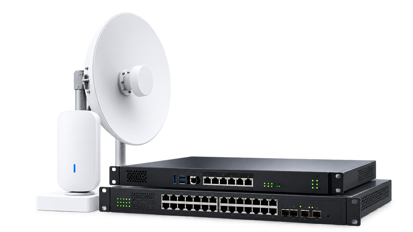 Firewall and network switch with a wireless access point and point-to-point radio